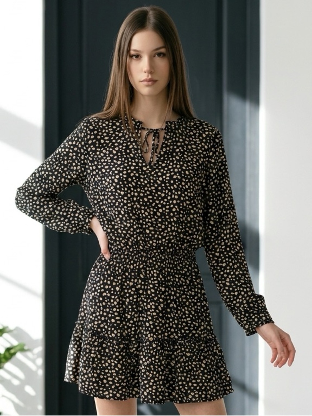 Vero Moda Women's L Black/White Leopard Animal Print A-Line V-Neck Short Dress
